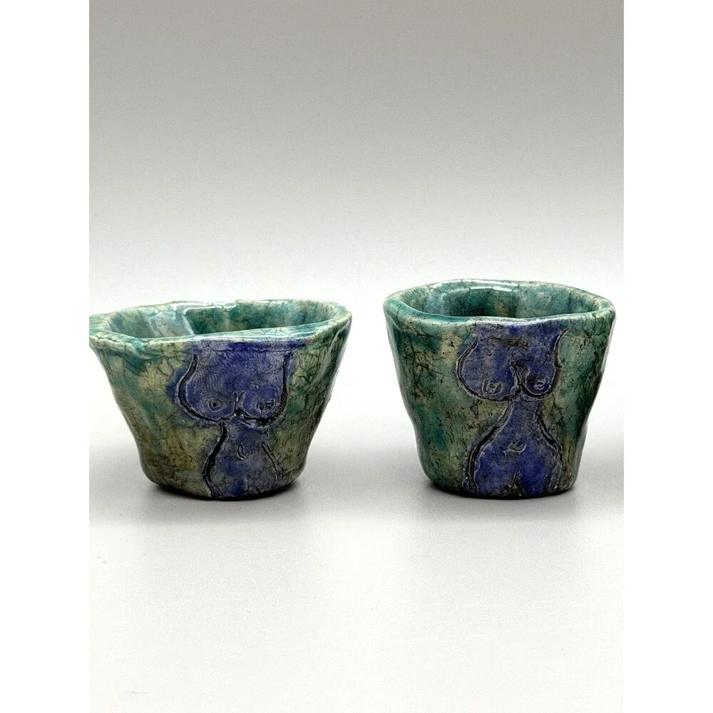 *5* Raku Studio Pottery Signed AW Female Nude Torso Shot Glasses Sake Cups OOAK